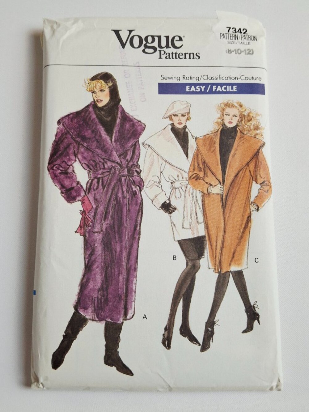 Vogue 7342 Sz 8-12 Lined Wrap Coat Pattern Uncut For Sewing